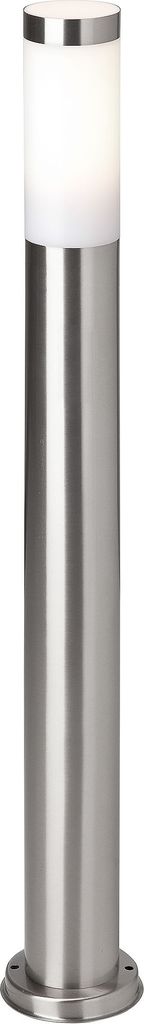 A standalone outdoor lamp with a brushed metal base and a frosted white top.
