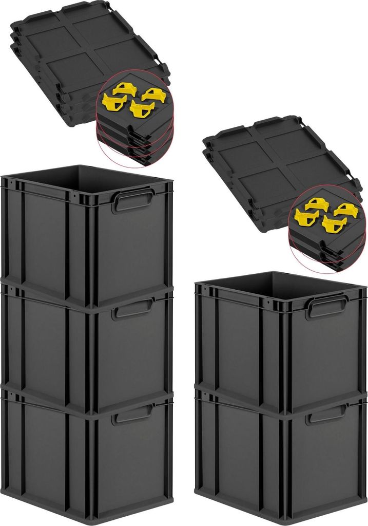 SparSet 5x Eurobox NextGen Grip mit Auflagedeckel inkl. 4 gelben Schiebeschnappverschlüssen | HxBxT 32x30x40cm | 30 Liter | Schwarz | Griffe gesch...