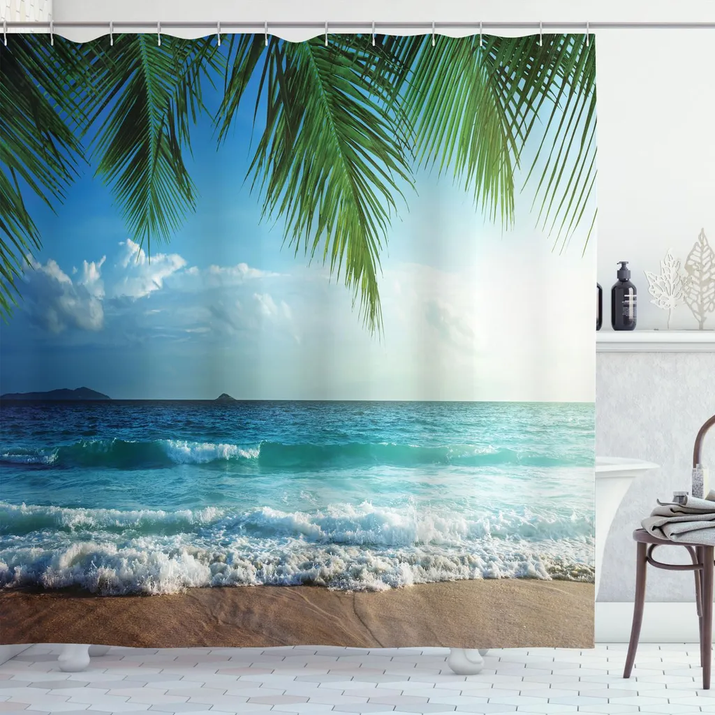 ABAKUHAUS Tenda da doccia Ocean, palme, isola tropicale, spiaggia, costa, onde, Hawaii, nautica, marina, 175 x 220 cm, blu e verde