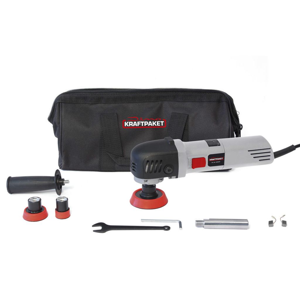 710W Dino KRAFTPAKET Rotations Poliermaschine stufenlos im Set mit 3 x Stützteller (30mm, 50mm ,75mm), Verlängerungsadapter Tasche für Auto KFZ ...