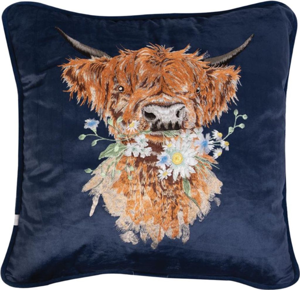 Wrendale Designs besticktes Kissen Highland Rind Daisy Coo