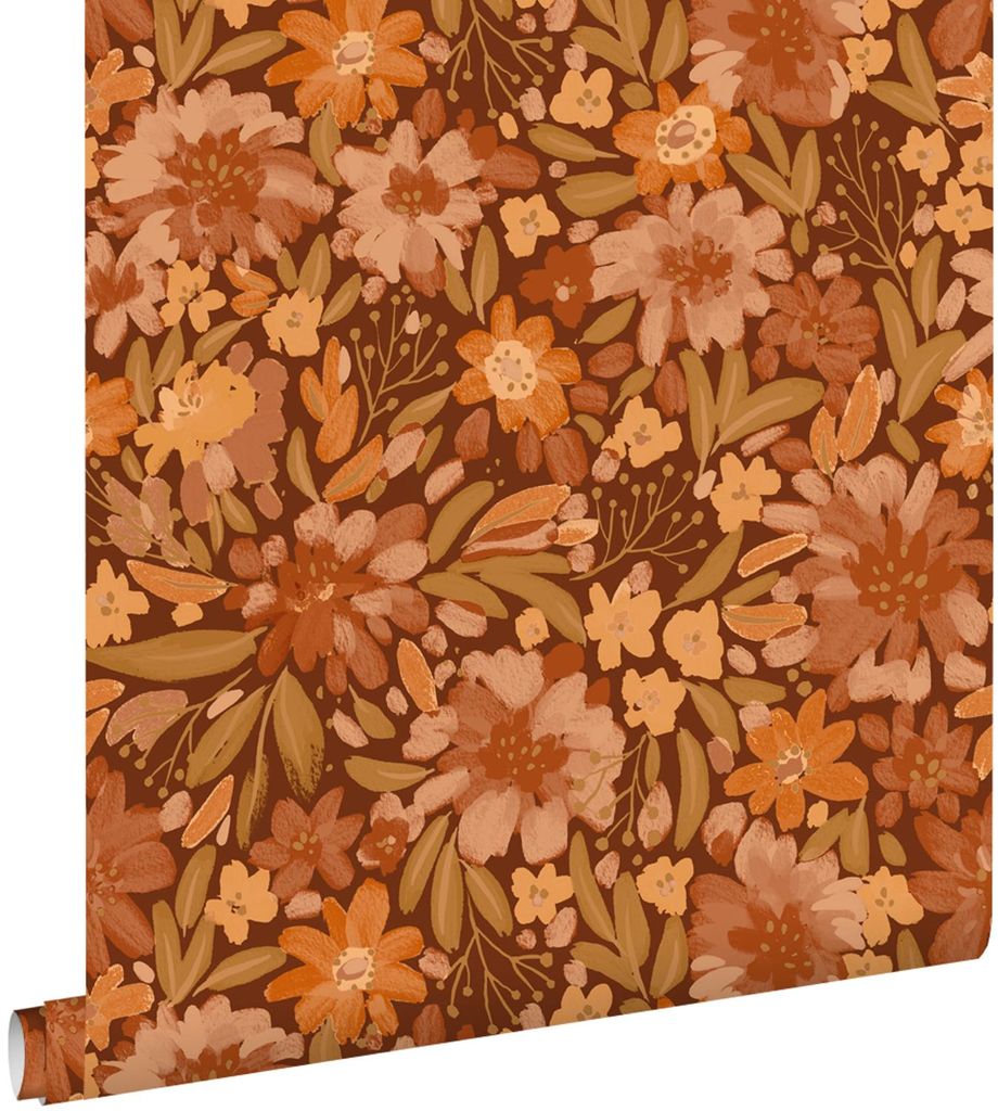 ESTAhome Tapete Blumen Terrakotta, Braun und Grün 50 x 900 cm