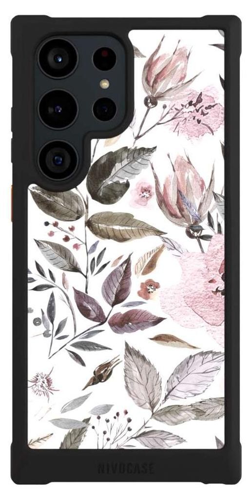 NIVOCASE Hülle für Samsung Galaxy S23 Ultra Stoßfeste Handyhülle NIVOmax Case Schwarz Blumen Pastell Wasserfarbe
