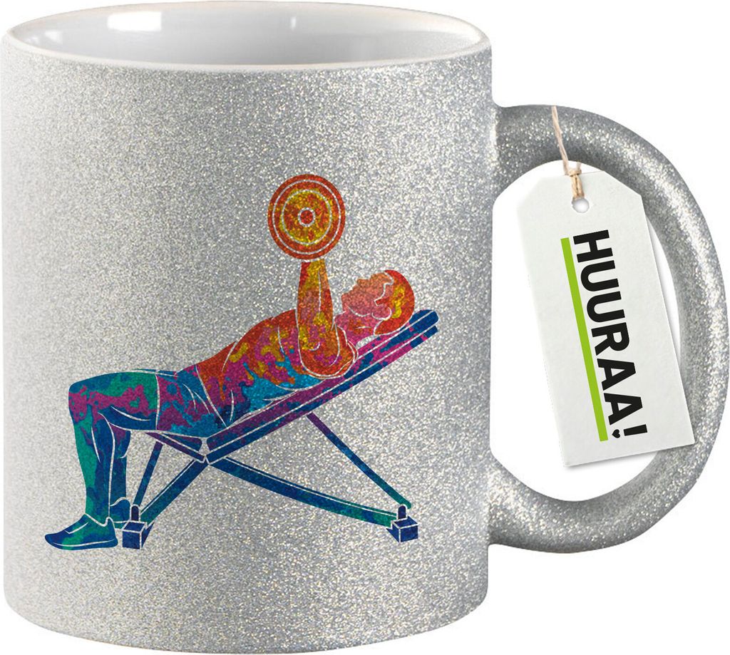 Huuraa Glitzertasse Fitness Training Bench Press bunte Silhouette 330ml Silber Keramik Kaffeebecher Geschenkidee