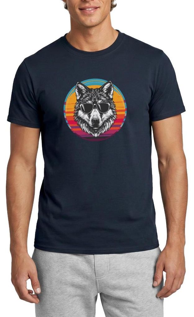 Spreadshirt Cooler Wolf Mit Sonnenbrille | Retro Wolf Männer T-Shirt, S, Navy
