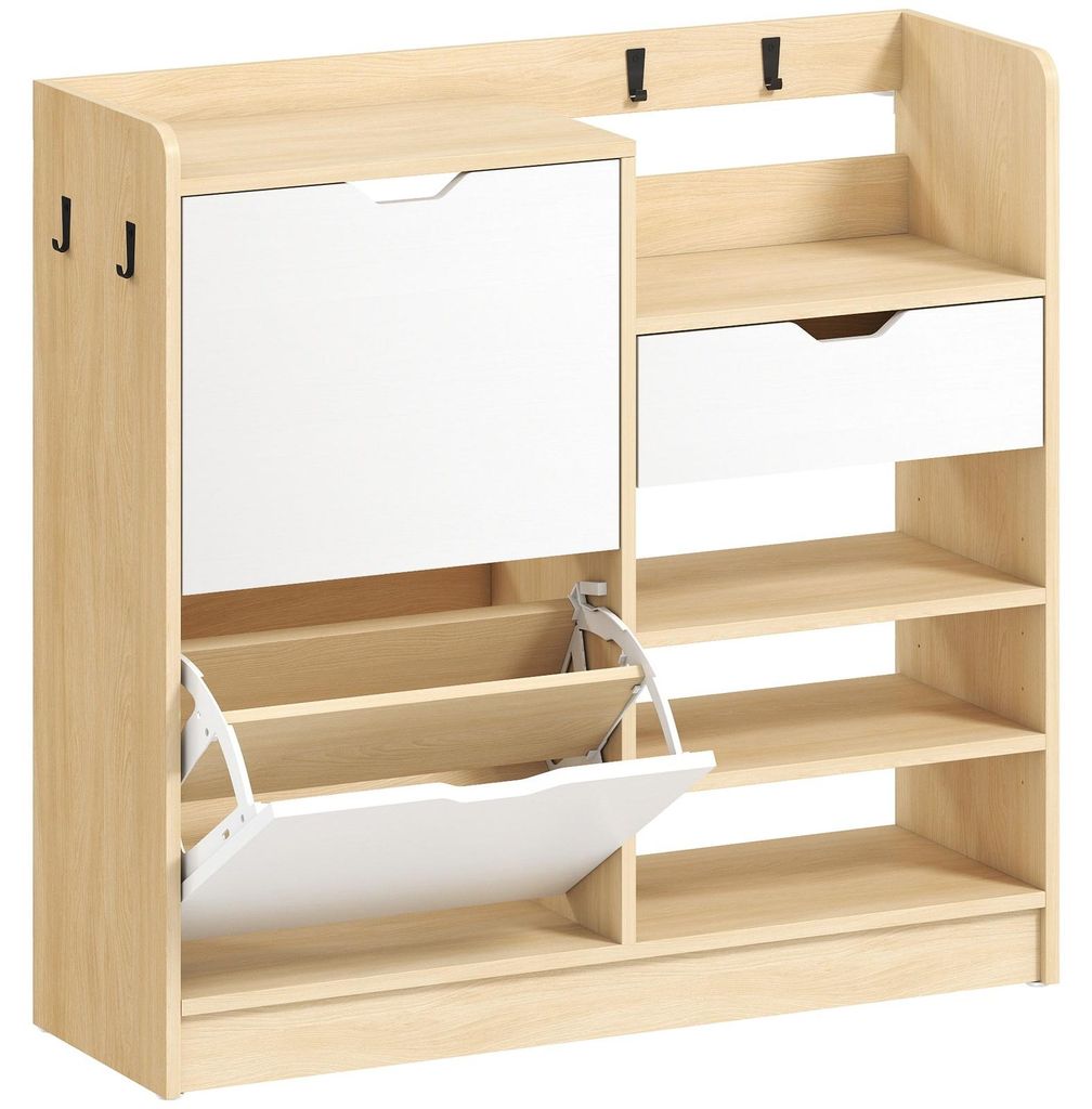Schuhregal für Flur, Schuhschrank mit Kippschubladen, offenen Regalen, 4 Haken