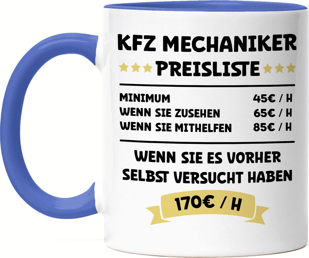 KFZ Mechaniker Preisliste Tasse Blau Schwarz Beruf Arbeit Job Autos Autohaus Technik Werkstatt Werkzeug Auto
