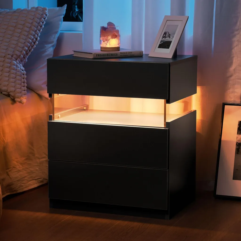 Table de Chevet Noire Lumineuse LED : 3 Tiroirs et Panneau en Acrylique