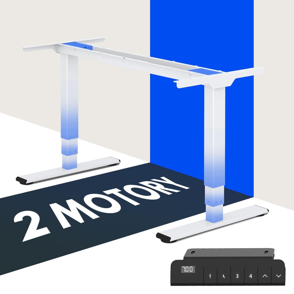 A white adjustable desk frame with a blue gradient accent, displayed on a light gray and white background with a bold blue vertical stripe. Text overlaid on the foreground indicates '2 MOTORY'. A black control panel with a digital display is shown in the l