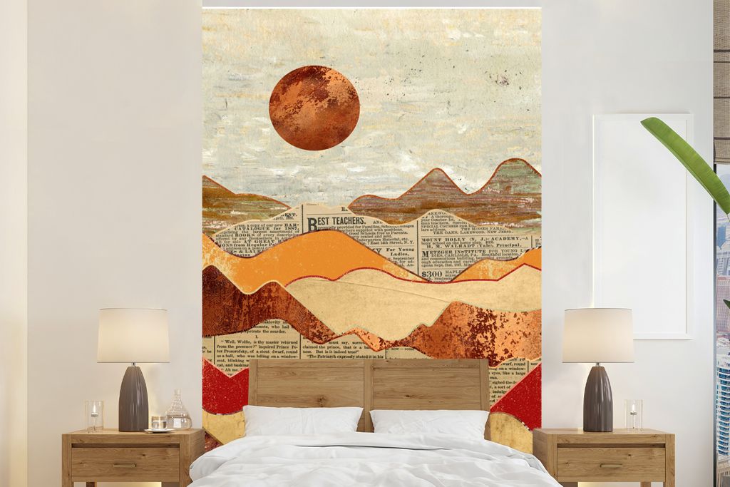 MuchoWow Fototapete für Wohnzimmer oder Schlafzimmer Wandtapete Vinyl Motivtapete Vintage - Zeitung - Bronze - Abstrakt - Landschaft - Farben - ...