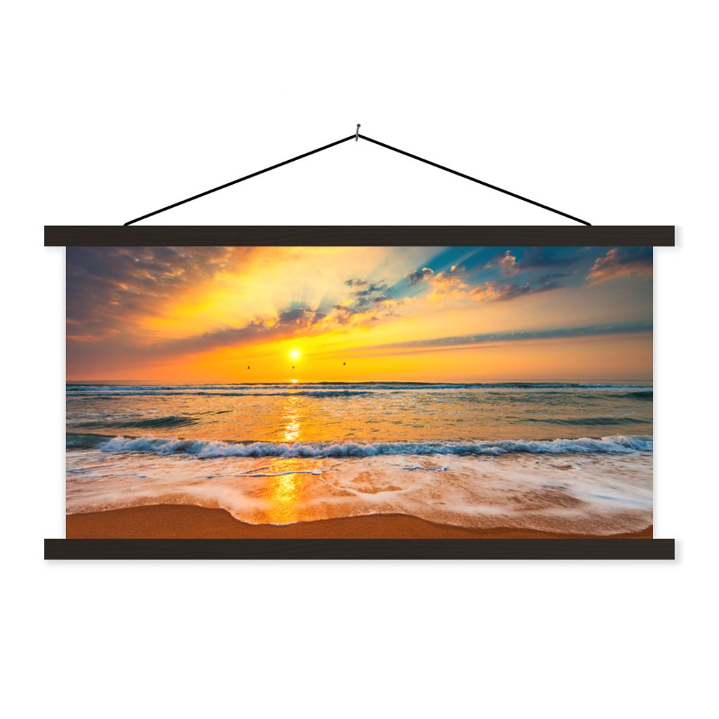 MuchoWow Textilposter Sonnenuntergang - Strand - Meer - Wolken - Orange 150x75 cm mit schwarzem Rahmen - Posterleiste