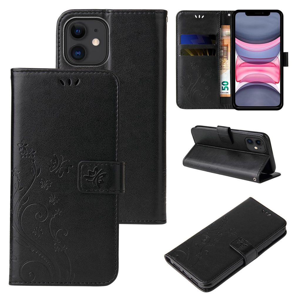 Handyhülle für Apple iPhone 11 Floral Blumen Schmetterling Flip Cover Hülle Case Klapphülle Handytasche Farbe: Schwarz