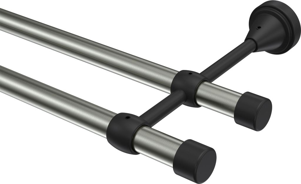 Interdeco Gardinenstange / Vorhangstange Edelstahl-Optik / Schwarz, Typ Primus Lucan (Kappe), 16 mm Ø 2-läufig, 400 cm