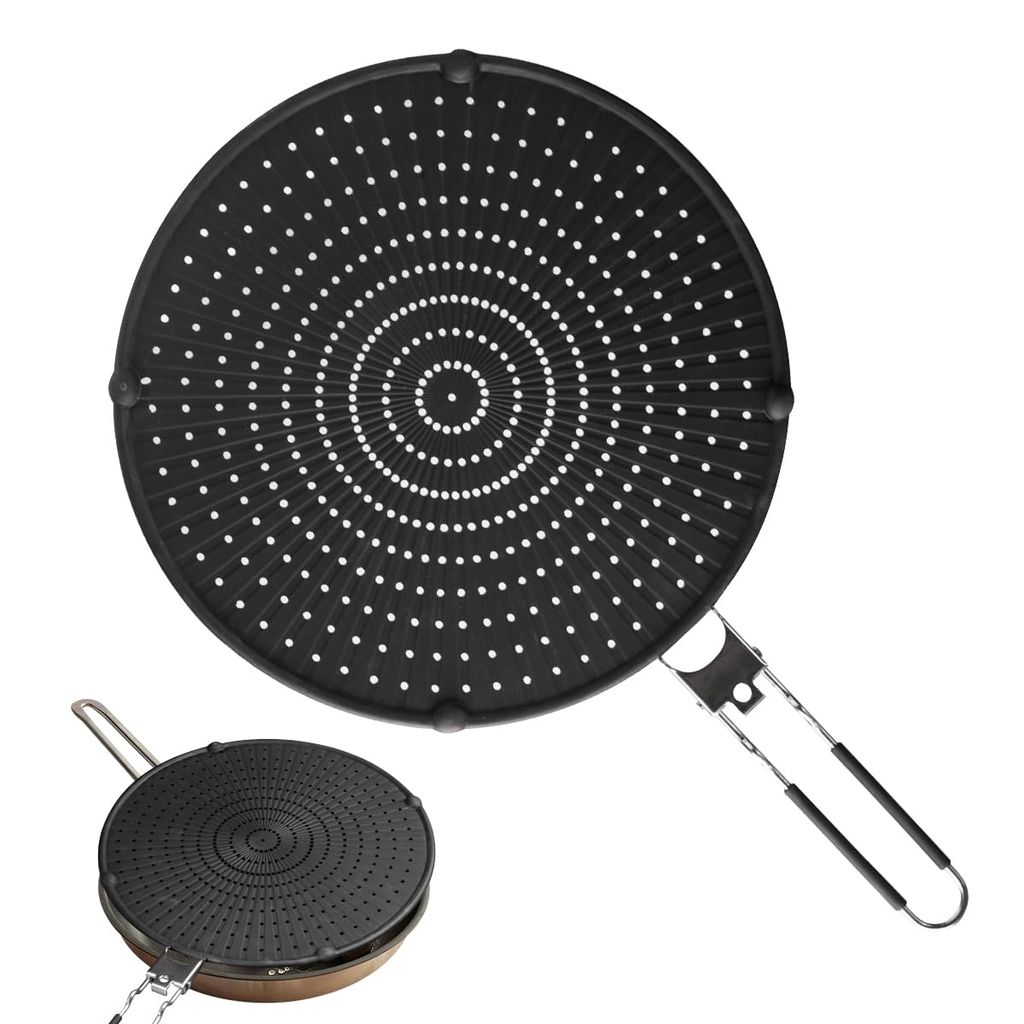 32 cm Spritzschutz aus Silikon, faltbarer Griff, passt auf gängige Pfannen, schützt effektiv vor Fettspritzern beim Braten, hitzebeständig, schwarz