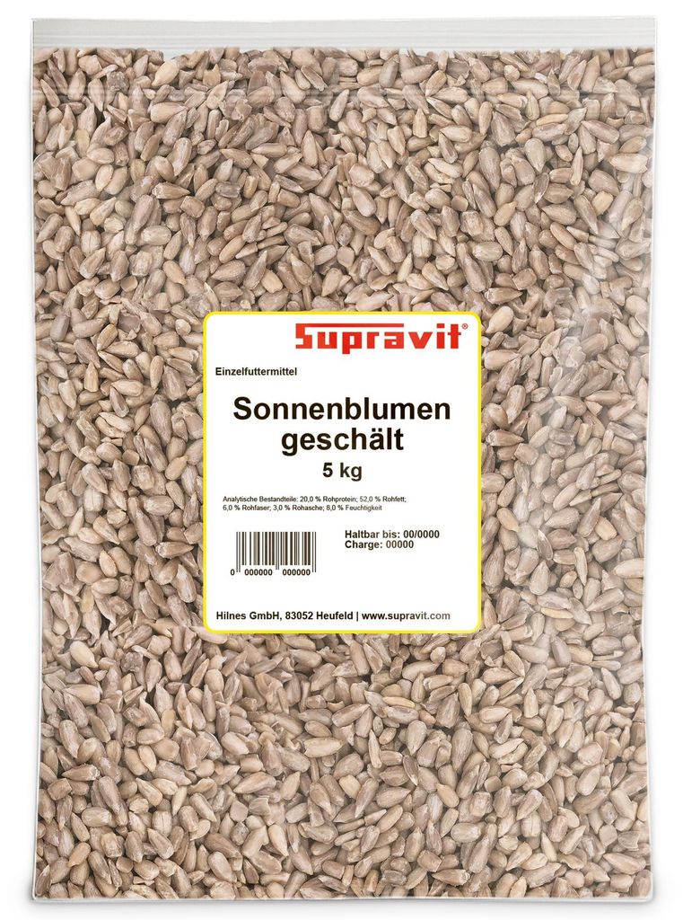 Supravit Sonnenblumenkerne geschält 5kg | Vogelfutter Ganzjahresfutter für Wildvögel | Frische ölhaltige Kerne aus besten Anbaugebieten