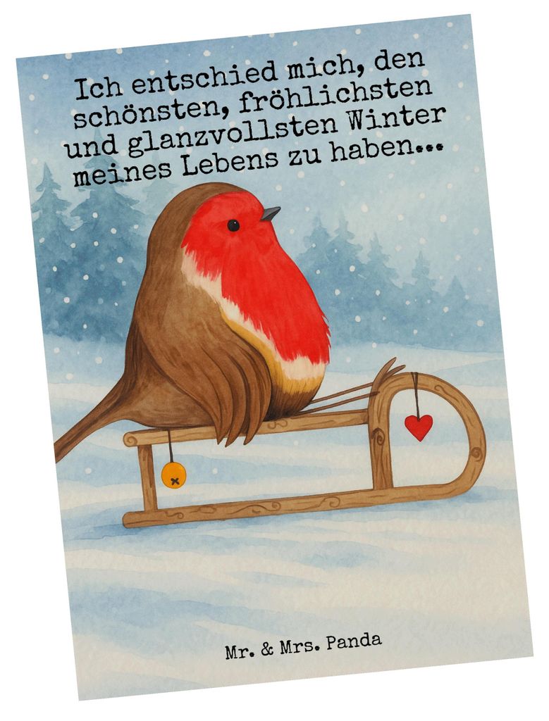 Mr. & Mrs. Panda Postkarte Rotkehlchen Schlitten Design - Weiß - Geschenk, bildkarte, Weihnachten, Postkarten, Vogel, Ansichtskarten, Ansichtskart...