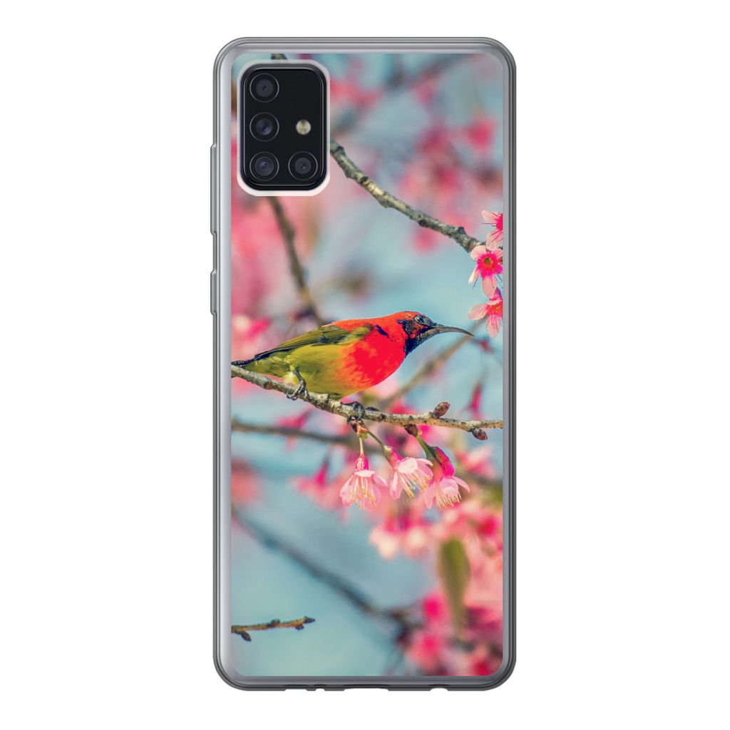 MuchoWow Handyhülle Schutzhülle Hülle für Samsung Galaxy A52 5G Vogel - Sakura - Farben Silikon Softcase Handy Hülle - Umschlag