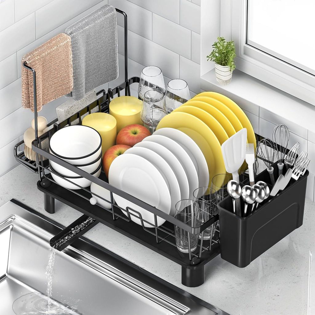 Abtropfgestell mit Besteckhalter und Handtuchstange, 360° schwenkbarer Auslauf, Edelstahl, platzsparender Küchenorganizer für Teller, Tassen und...