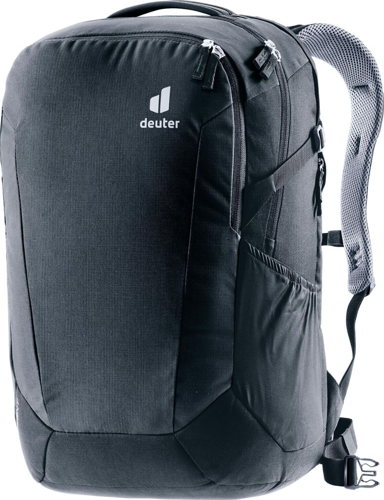 A black Deuter backpack is shown against a white background.