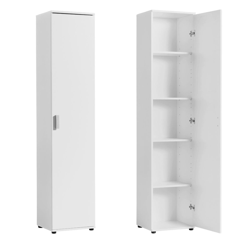 Schmaler Mehrzweckschrank 40 cm breit mit 1 Tür & 4 Einlegeböden 40x35x184 cm (BxTxH), Weiß