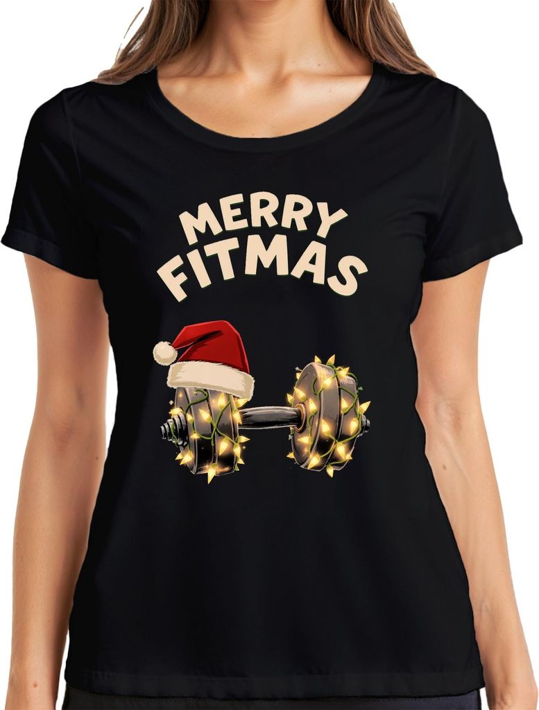 Merry Fitmas Fitness Hantel Weihnachten Geschenk Lustig Damen T-Shirt, Schwarz, XXL