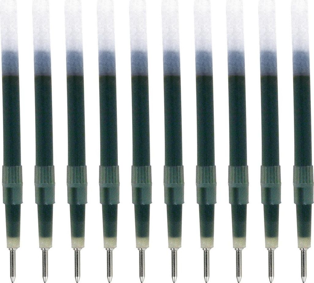 A row of ten blue ink pen refills on a white background.