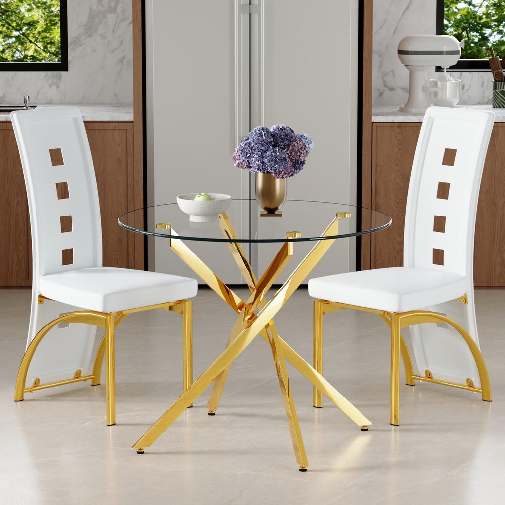 Tisch-Stuhl-Set, 88 cm runder Glastisch + 2 weiße Esszimmerstühle, goldene Beine,