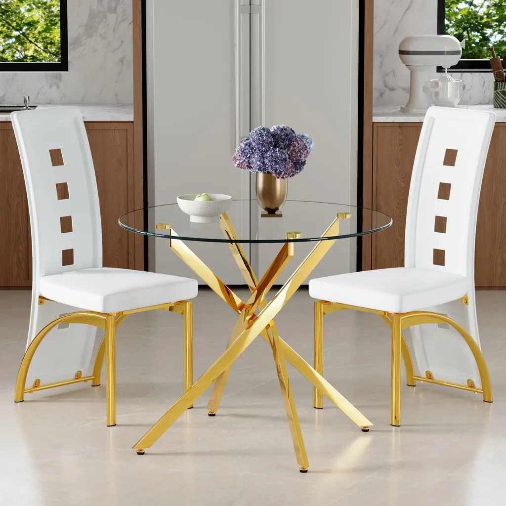 Coin Repas Moderne : Table Carrée en Verre et 2 Chaises Design Blanches
