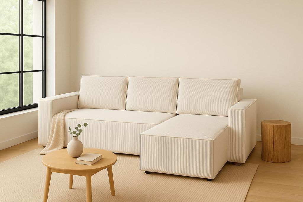 GUTTO Ecksofa CORDA CREME aus Kordstoff mit Schlaffunktion - Modernes Design in trendigen Farben