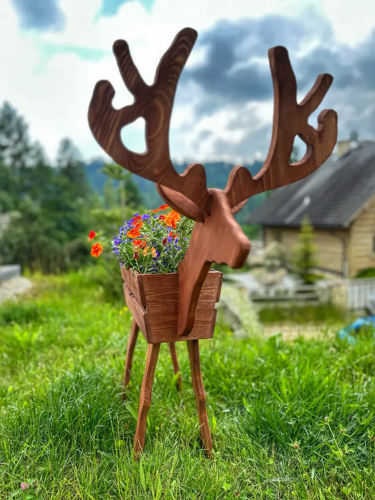 Support de fleurs cerf bois marron - Jardinière sculptée design rustique - 3