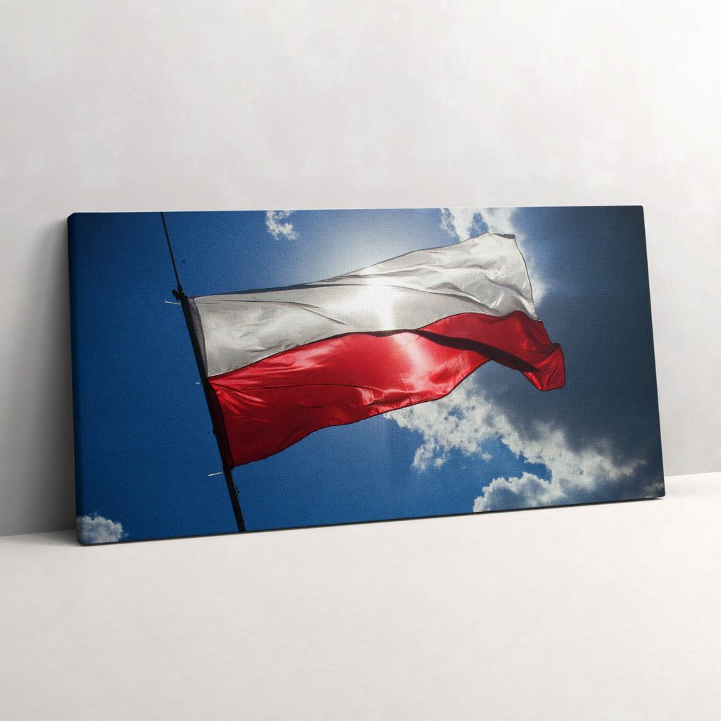 Polnische Flagge gegen den Himmel – Leinwandbild Wandbild – 100x50 cm – Leinwandbilder – Wandbilder – Schlafzimmer – Flur