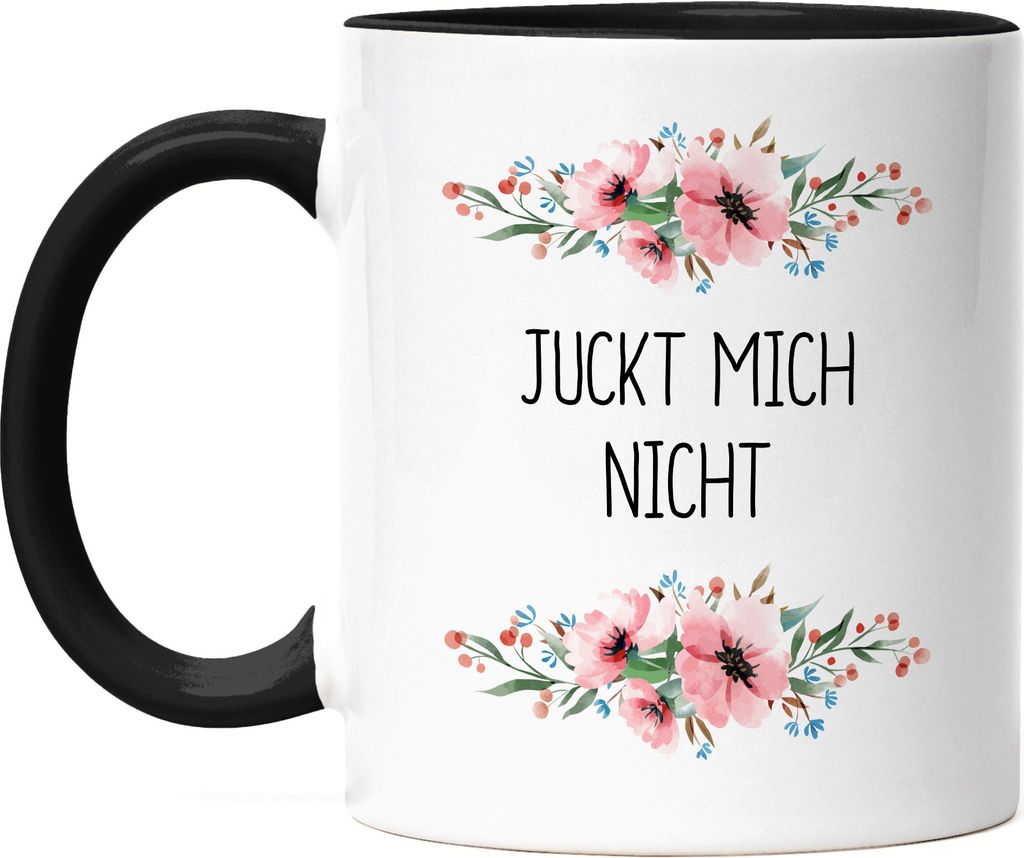 Tasse Schwarz mit Spruch Juckt mich nicht lustig sarkastisch humorvoll Kaffeetasse mit Blumen Motiv Geschenk