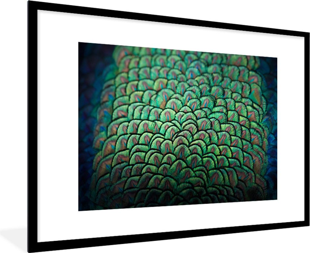 MuchoWow Gerahmtes Poster Pfau - Federn - Muster 90x60 cm - Poster mit Schwarzem Bilderrahmen Wandposter Rahmen Foto Bilder - Wanddekoration - Fotos