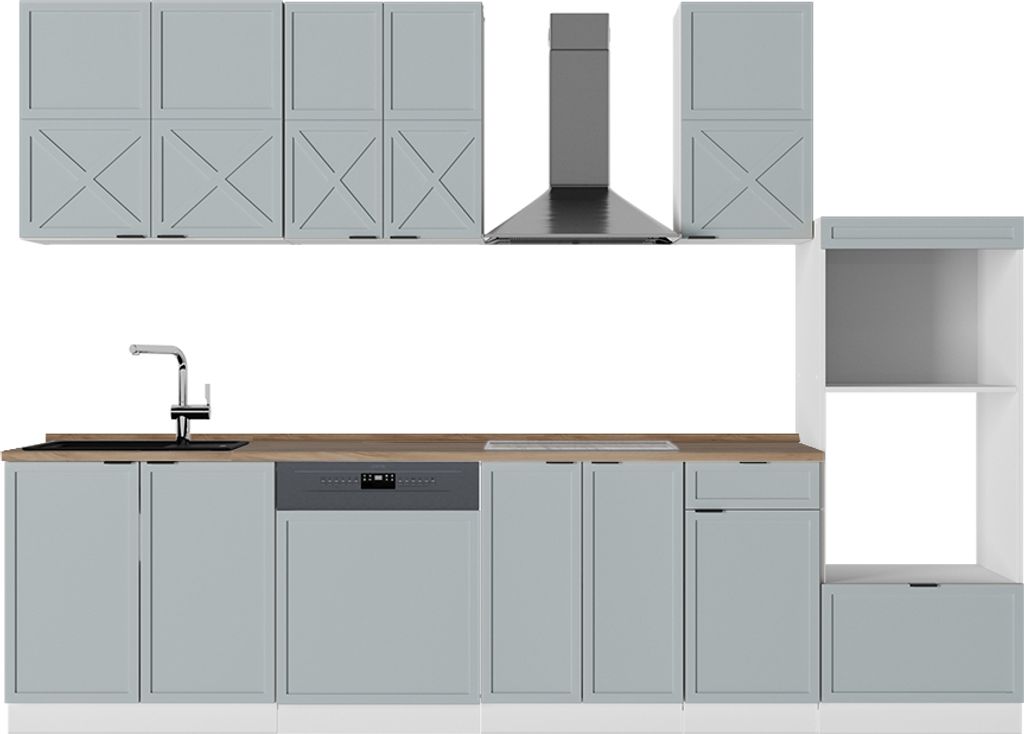 Küchenzeile Vicco Fame-Line Hellblau-grau/Weiß 300 cm mit Hochschrank, AP Eiche, Model 51224