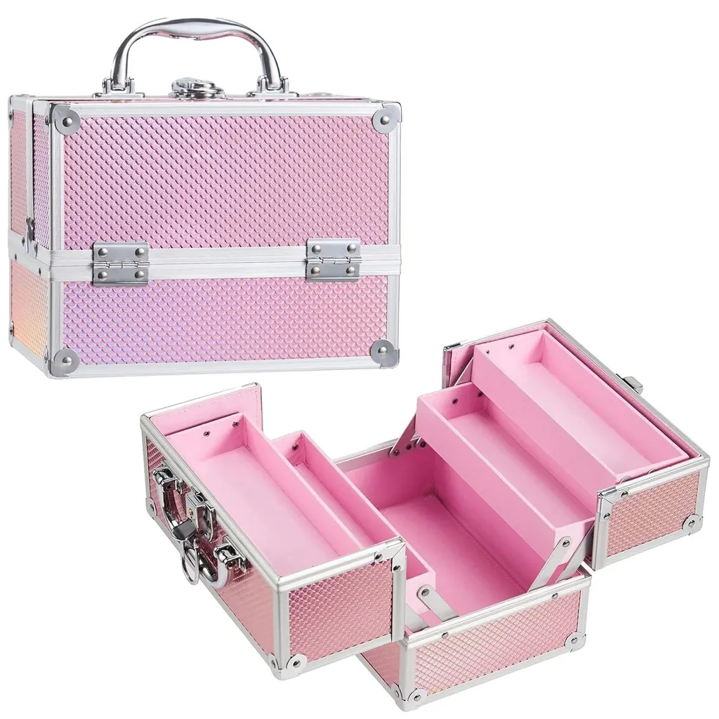 Trousse maquillage 4 compartiments spacieux et modèle verrouillable rose