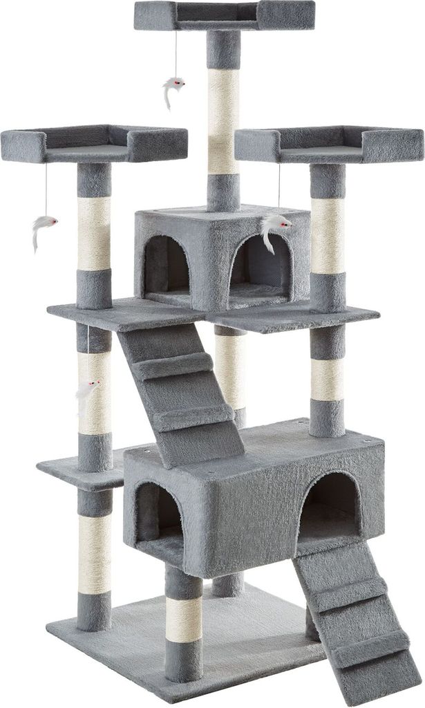 A multi-level cat tree with scratching posts, platforms, and hideaways.