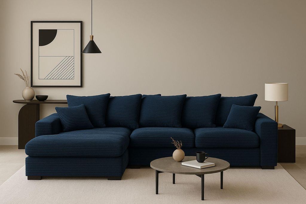 Kaiser Möbel Ecksofa mit schlaffunktion und bettkasten, Sofa L-form, Couch L-form Gabon stoff Zoom Blau Ottomane Links