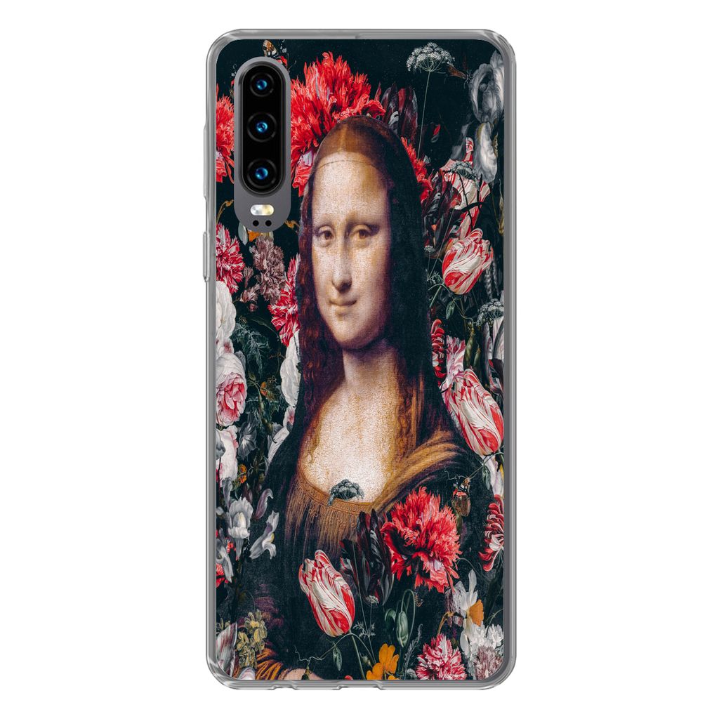 MuchoWow Handyhülle Schutzhülle Hülle für Huawei P30 Mona Lisa - Blumen - Da Vinci Silikon Softcase Handy Hülle - Kartenbesitzer