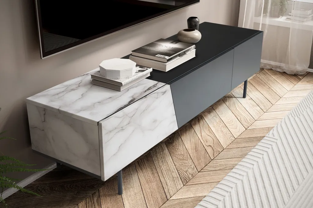 Commode TV Basse 150x40 cm pour Salon Moderne Noir et Marbre Chic