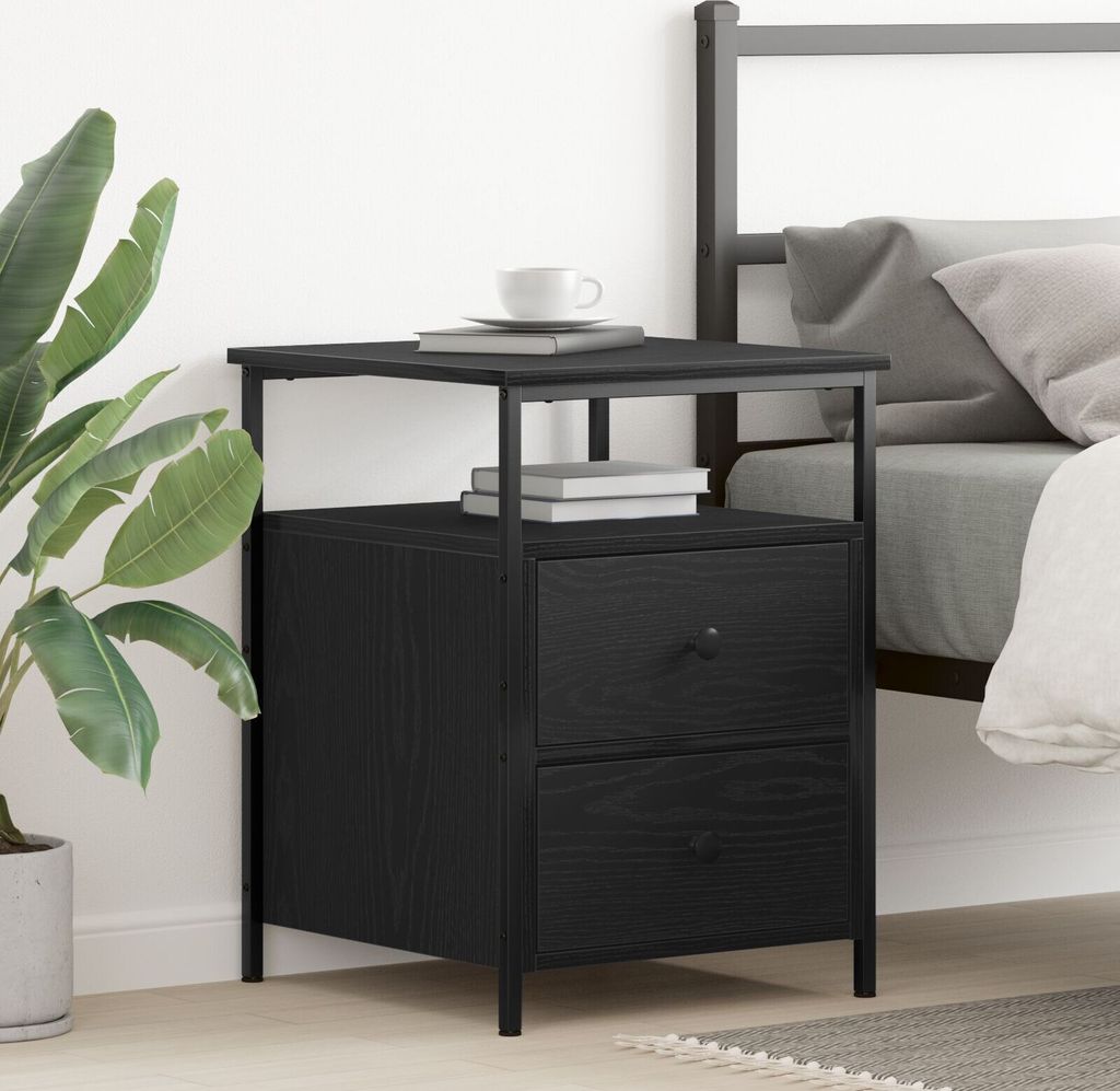 Nachttisch Schwarz Eiche 44x45x60 cm Holzwerkstoff und Stahl, Nachttische & -schränke DesignMöbel Neu