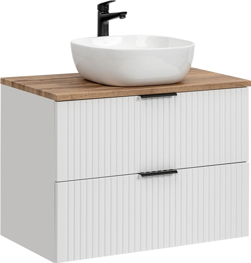 Badmöbel Waschtisch Unterschrank Set 80 cm matt weiß mit Wotaneiche, 2 Softclose Schubkästen, 42 cm Keramik-Waschbecken, B/H/T 80,6/74,2/46,5 cm