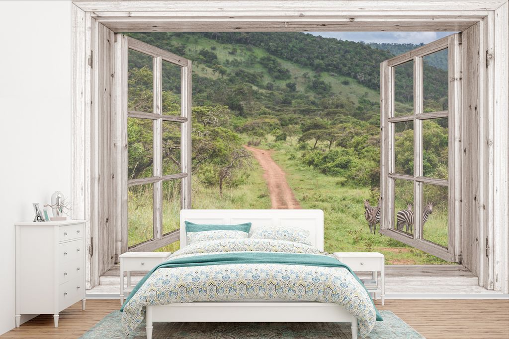 MuchoWow Fototapete für Wohnzimmer oder Schlafzimmer Wandtapete Vinyl Motivtapete Durchschauen - Zebra - Afrika - 420x280 cm - Zimmer für Kinder