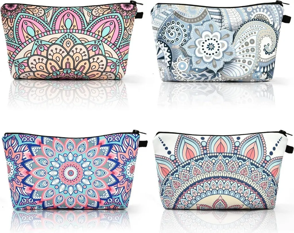 Set de 4 trousses de toilette mandala, pochette maquillage voyage en toile