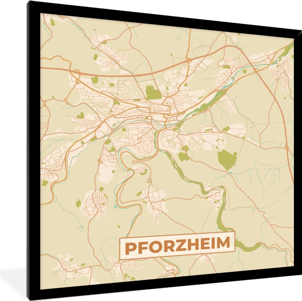 MuchoWow Gerahmtes Poster Pforzheim - Karte - Vintage - Stadtplan 40x40 cm - Poster mit Schwarzem Bilderrahmen Wandposter Rahmen Foto Bilder - Mi...
