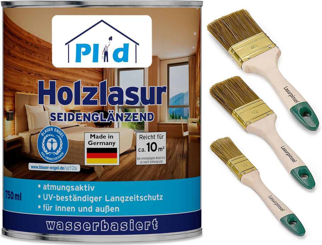Plid Holzlasur Innen & Aussen Teak 0,75L+ Lasurpinselset 3 tlg. / Holzschutzlasur Außen mit UV beständigem Langzeitschutz - Grundierung Holz Außen