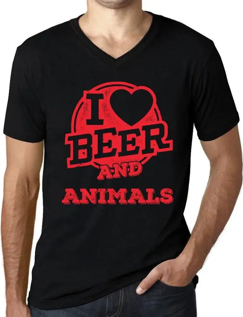 Herren Grafik T-Shirt V-Ausschnitt Ich liebe Bier und Tiere – I Love Beer And Animals – Öko-Verantwortlich Vintage Jahrgang Kurzarm Lustige Druck