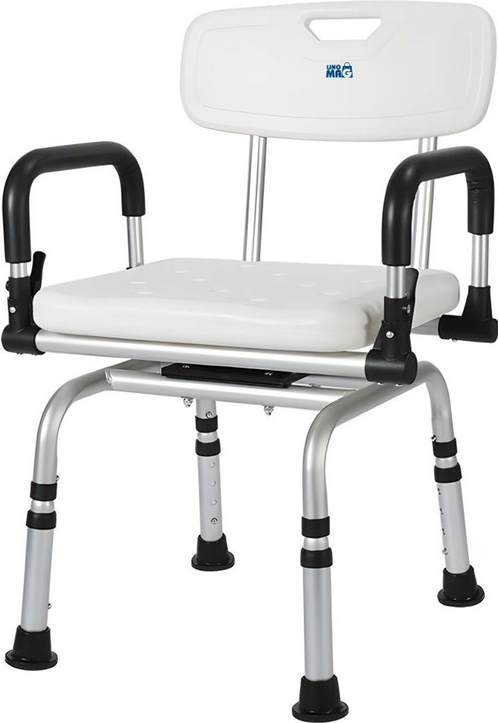 A white and silver shower chair with black armrests and feet, shown against a white background.