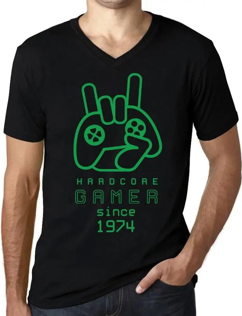 Herren Grafik T-Shirt V-Ausschnitt Hardcore-Joystick-Spieler seit 1974 – Hardcore Joystick Gamer Since 1974 – Geschenk 50. Geburtstag Jahrestag 50
