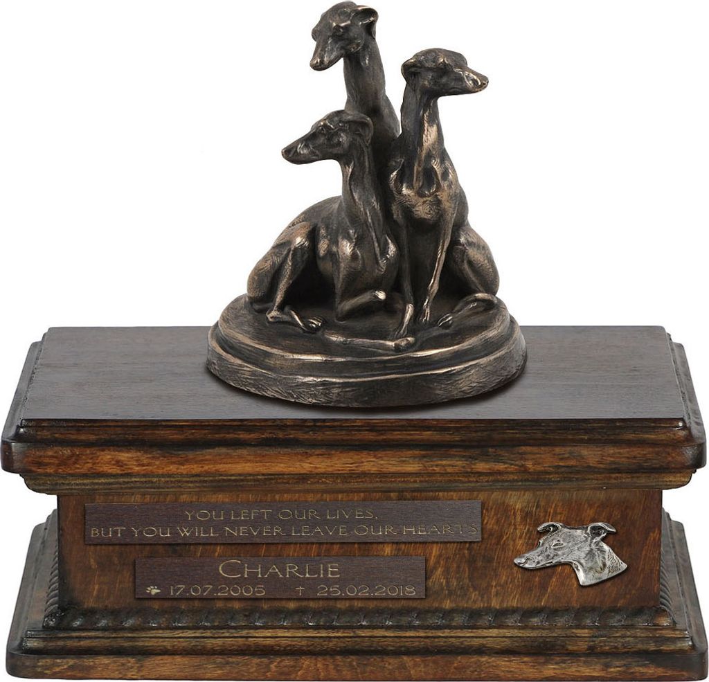 Whippet, Kleiner Englischer Windhund urne in Hundeasche, personalisierte Urne mit Statue, Holzurne mit Hund von Art-Dog