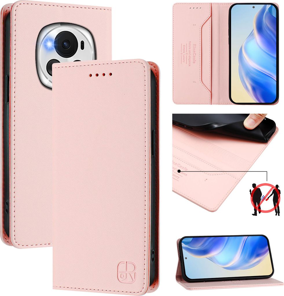 Lederhülle für Honor Magic6 Hülle Flip Brieftasche Kartenfächern Ständer Schutzhülle Pink